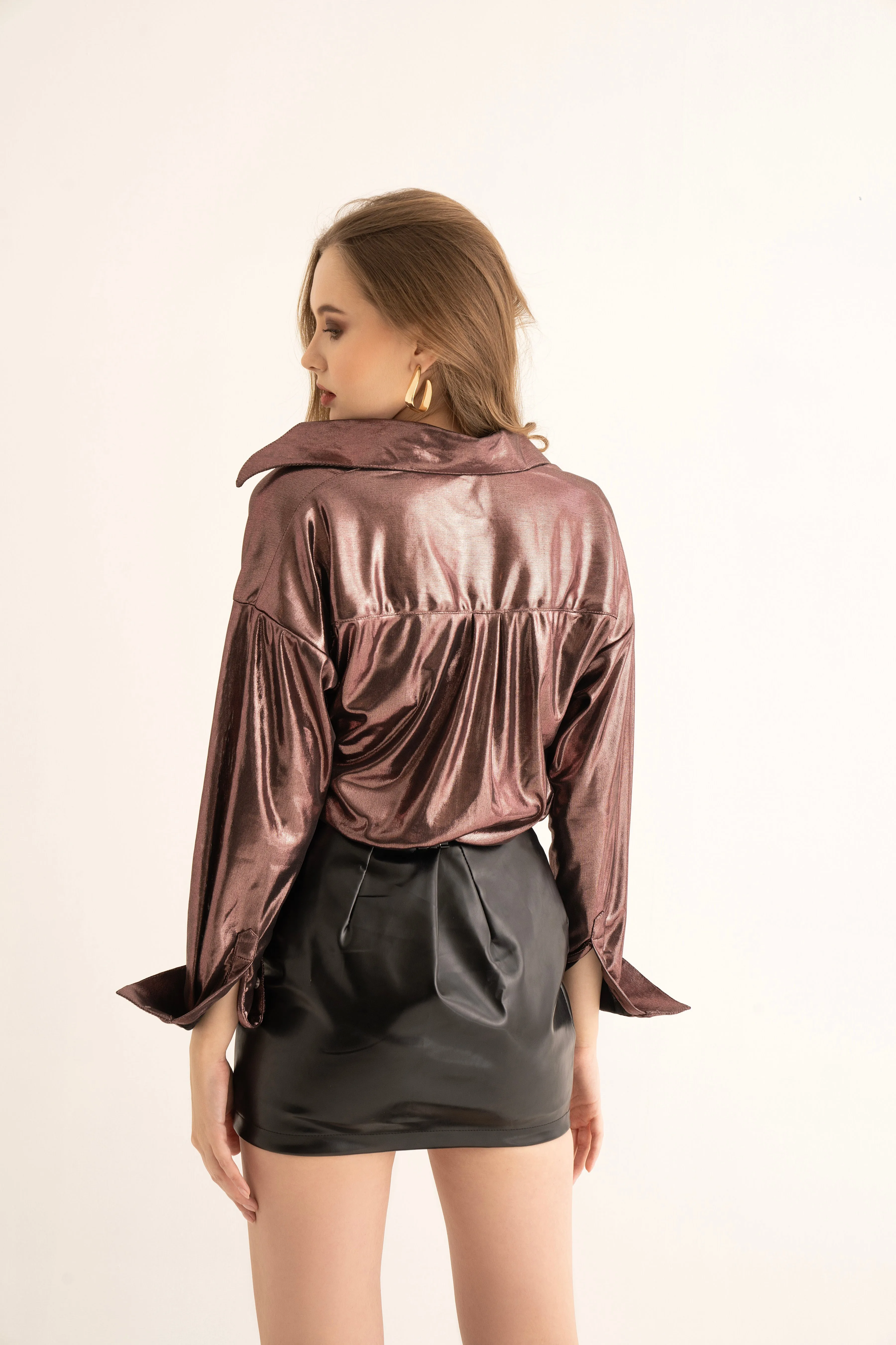 Metallic Copper Oversized Shirt and Black Leather Mini Skirt Co-ord Set