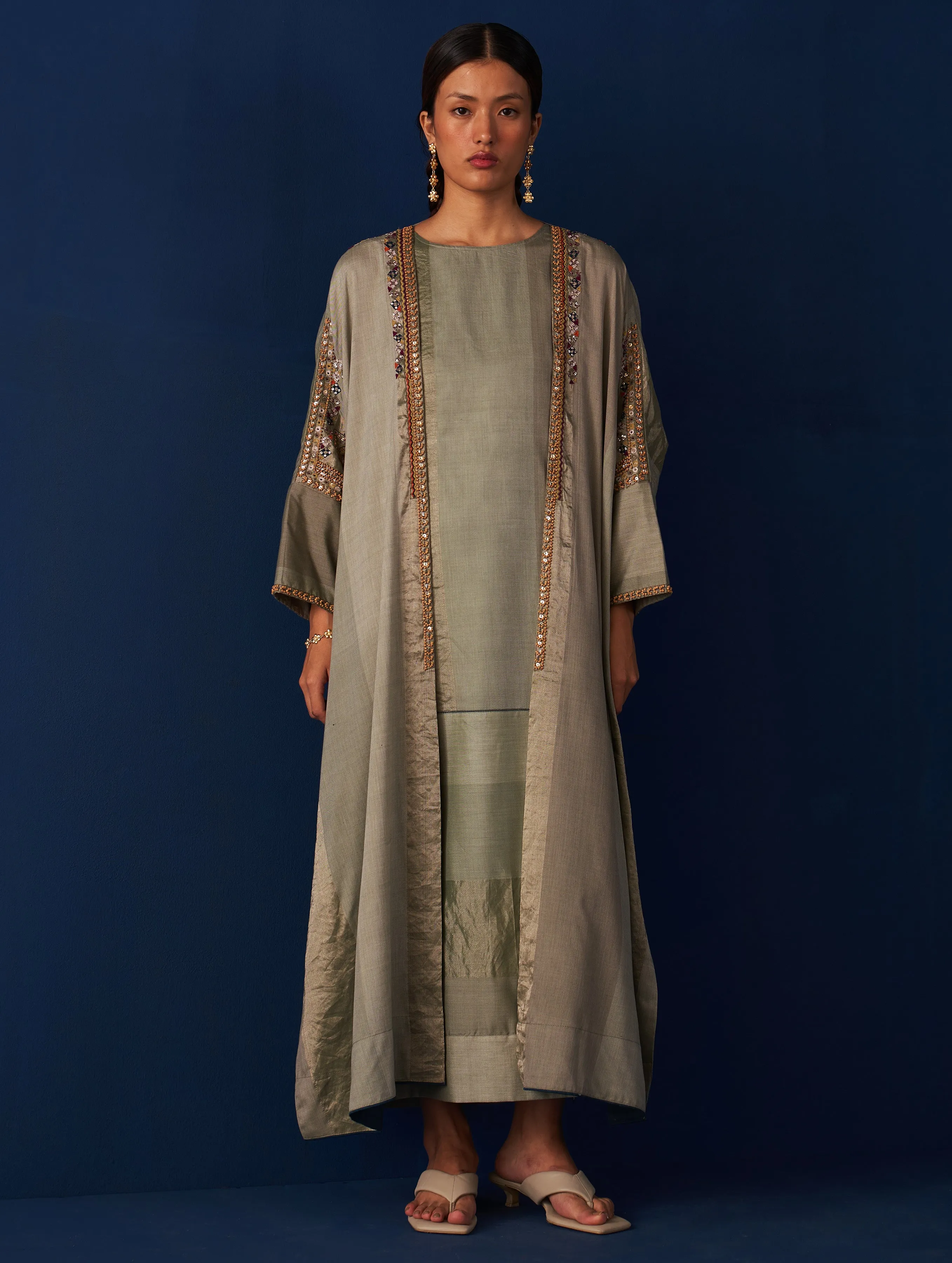 Nadia Hand-Embroidered Silk Overlay - Sage Grey