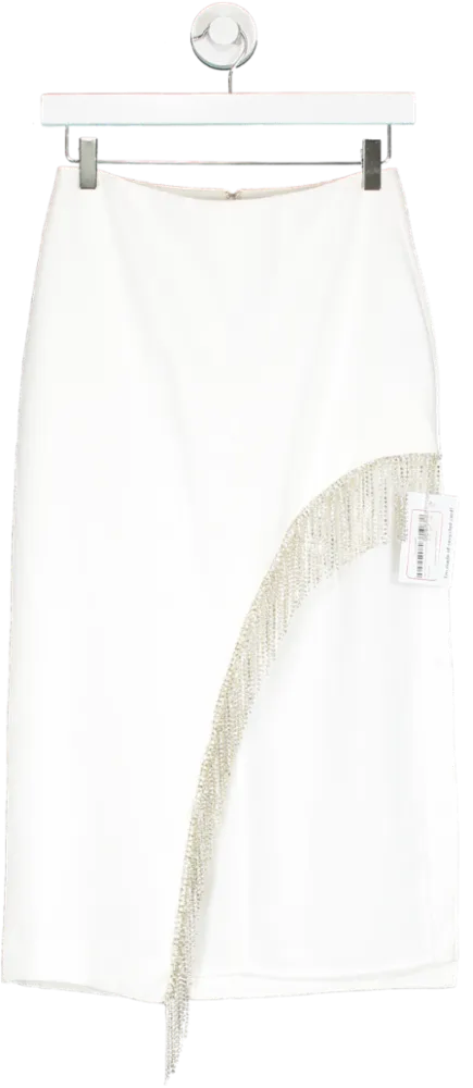 NBD White Robb Diamante Trim Midi Skirt UK S