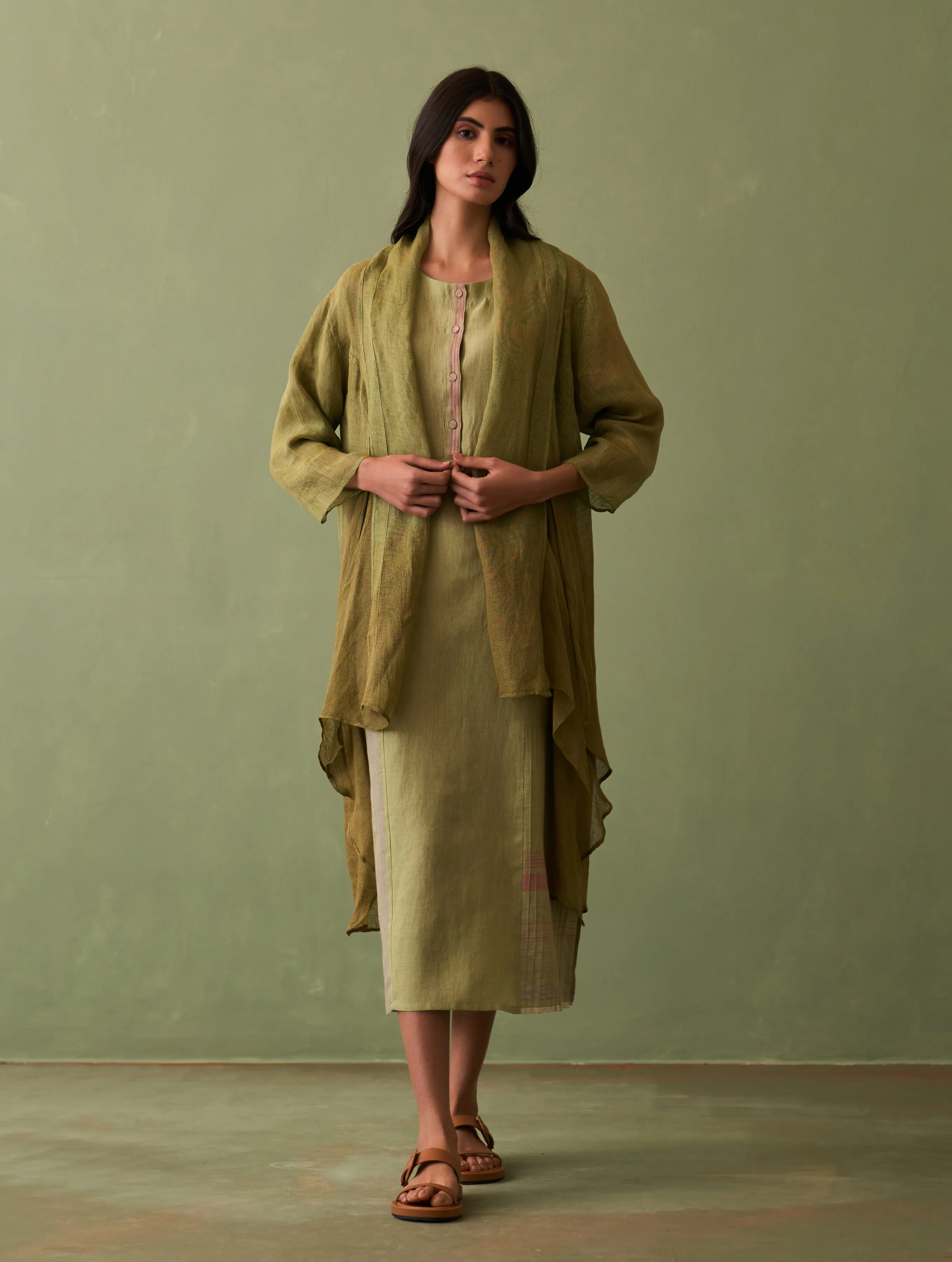 Nia Linen Dress with Overlay - Fern