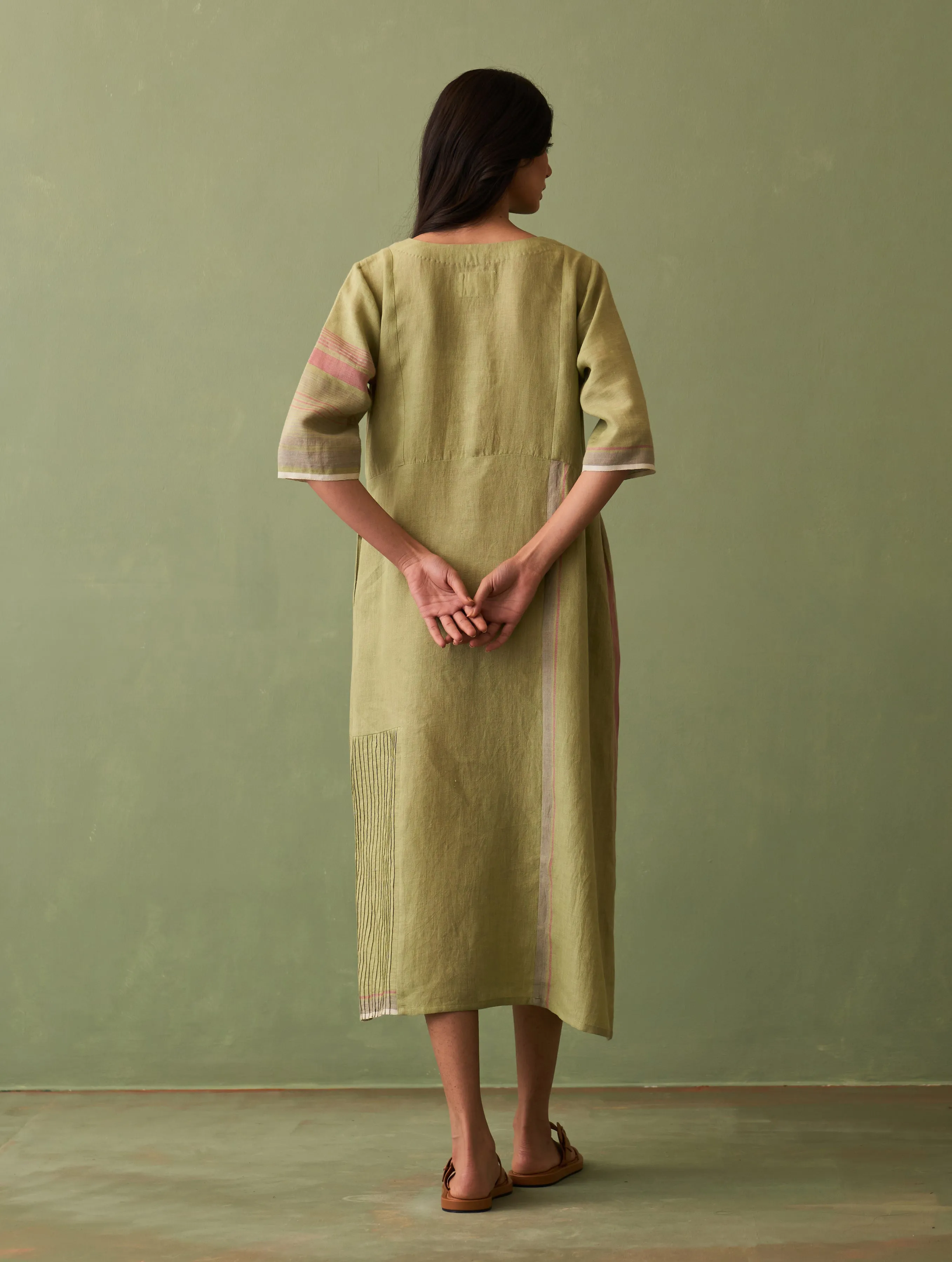 Nia Linen Dress with Overlay - Fern