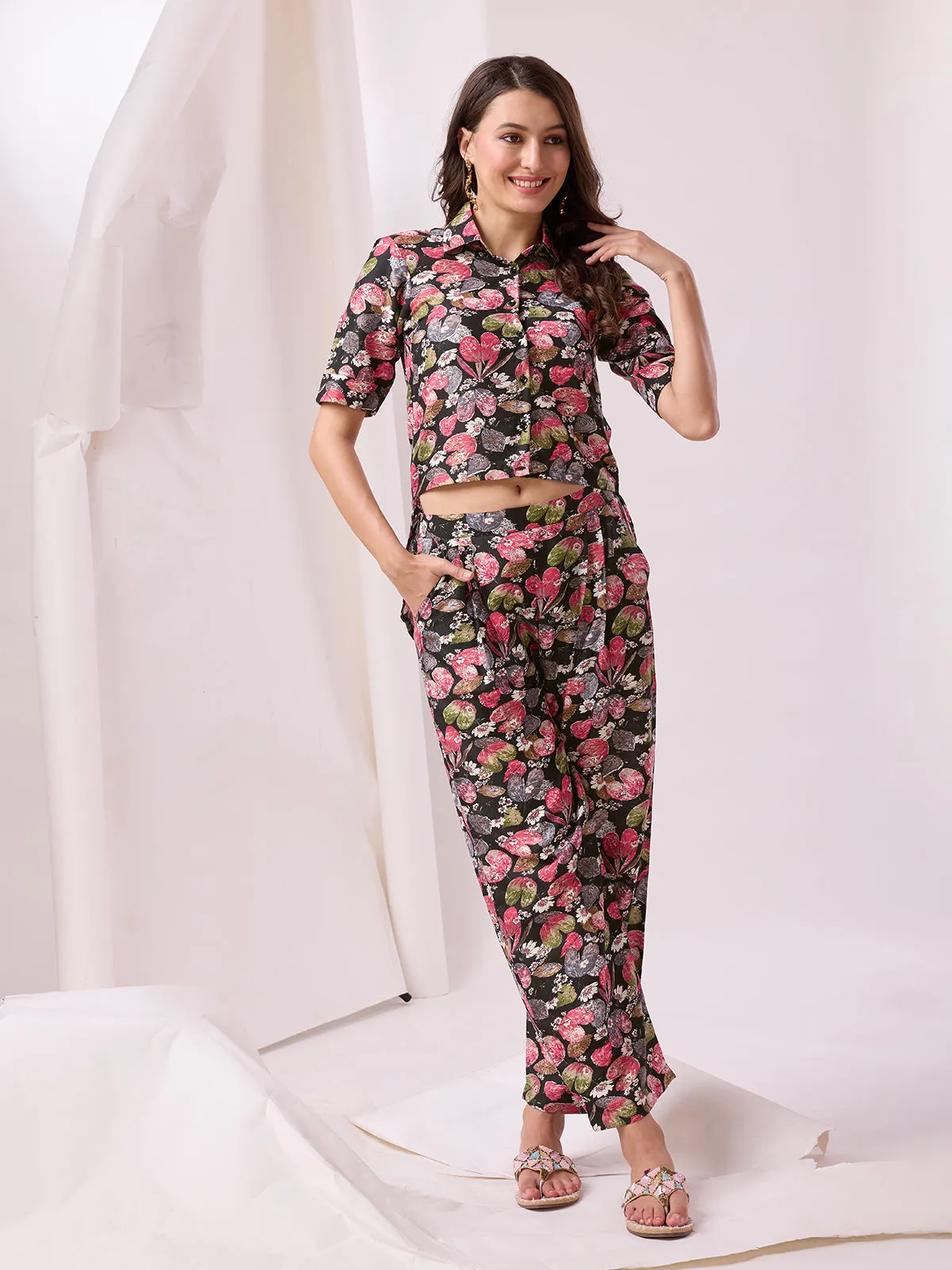 Odette Black Cotton Printed Co-ord set For Women