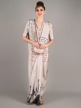 Odette Women Beige Silk Crepe Digital Print Saree With Unstitched Blouse