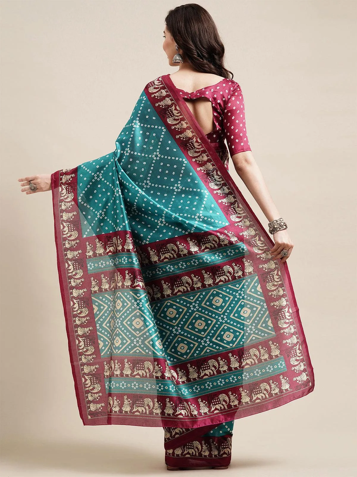 Odette Women Blue Casual Art Silk Printed Saree With Unstitched Blouse