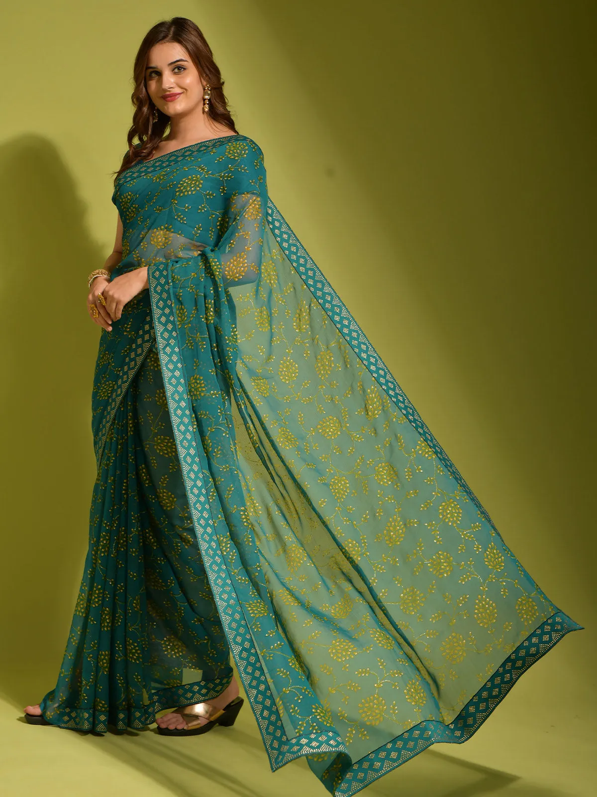 Odette Women Blue Chiffon Designer Saree With Unstitched Blouse