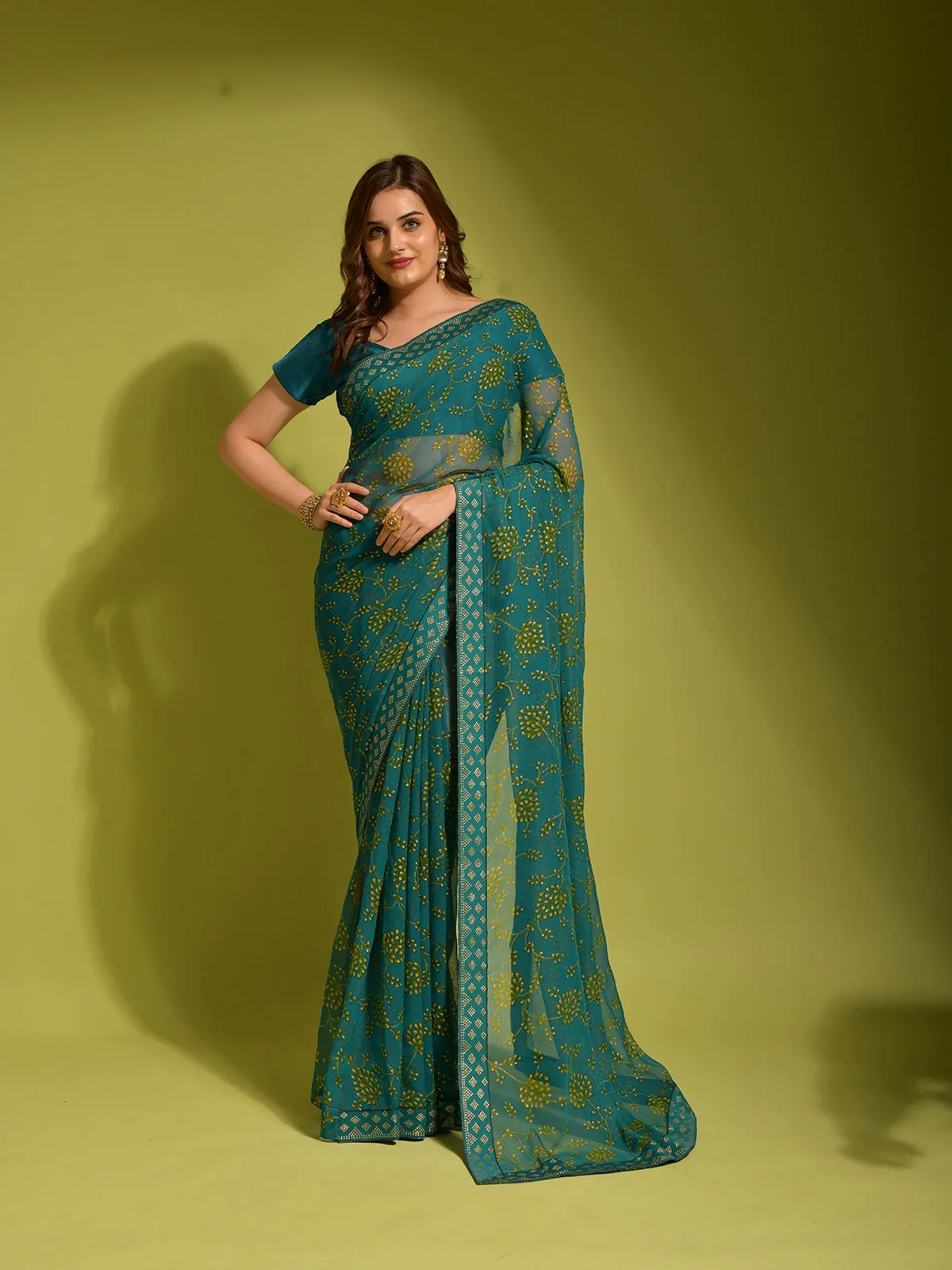 Odette Women Blue Chiffon Designer Saree With Unstitched Blouse