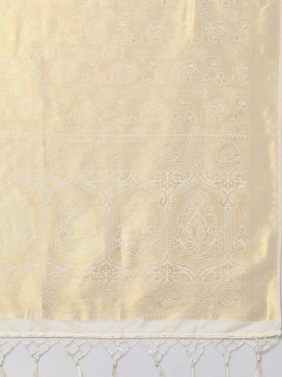 Odette Women Cream Party Wear Kanjivaram Silk Woven Design Saree With Unstitched Blouse