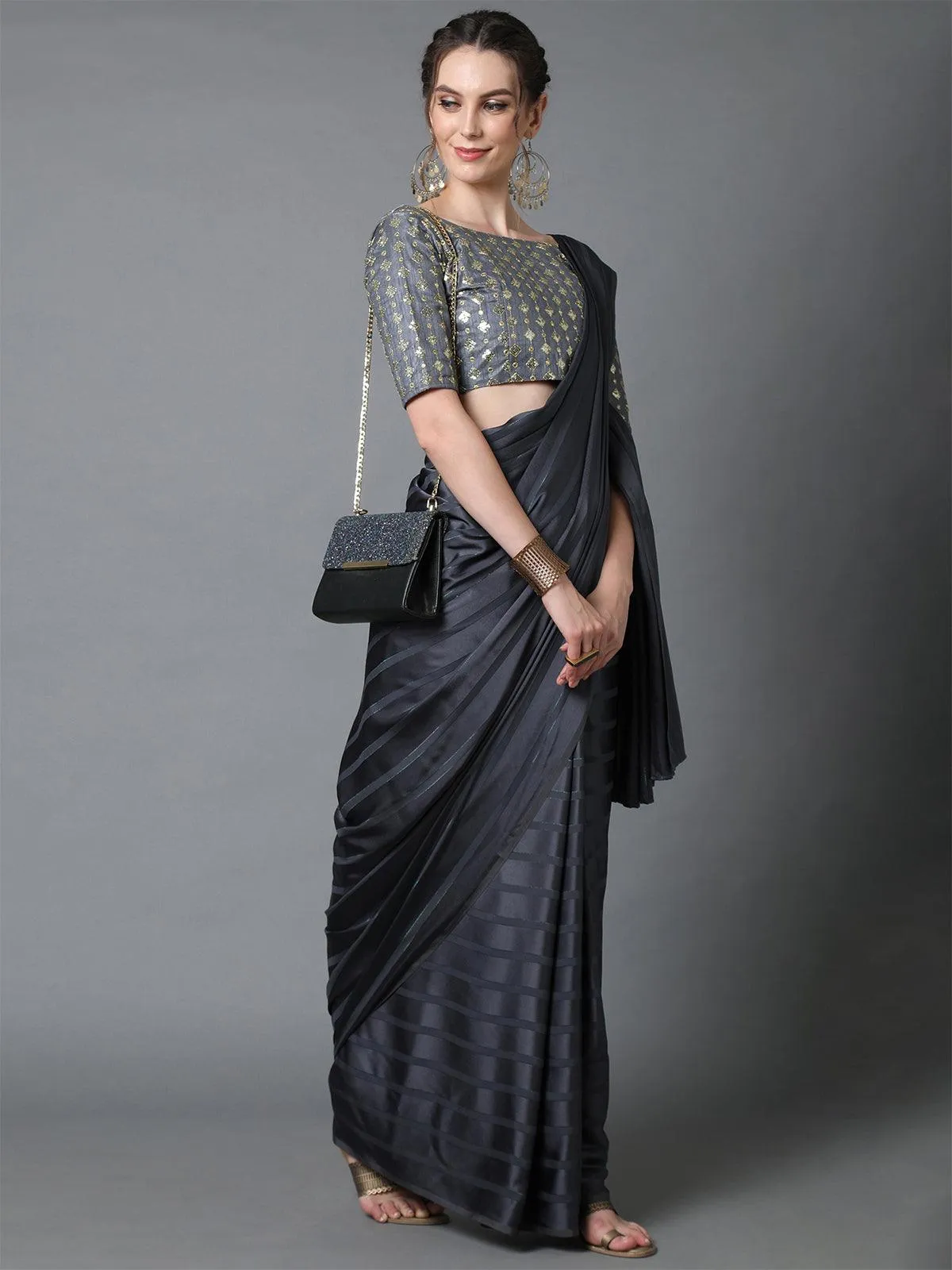 Odette Women Grey Casual Georgette And Satin Solid Saree With Unstitched Blouse