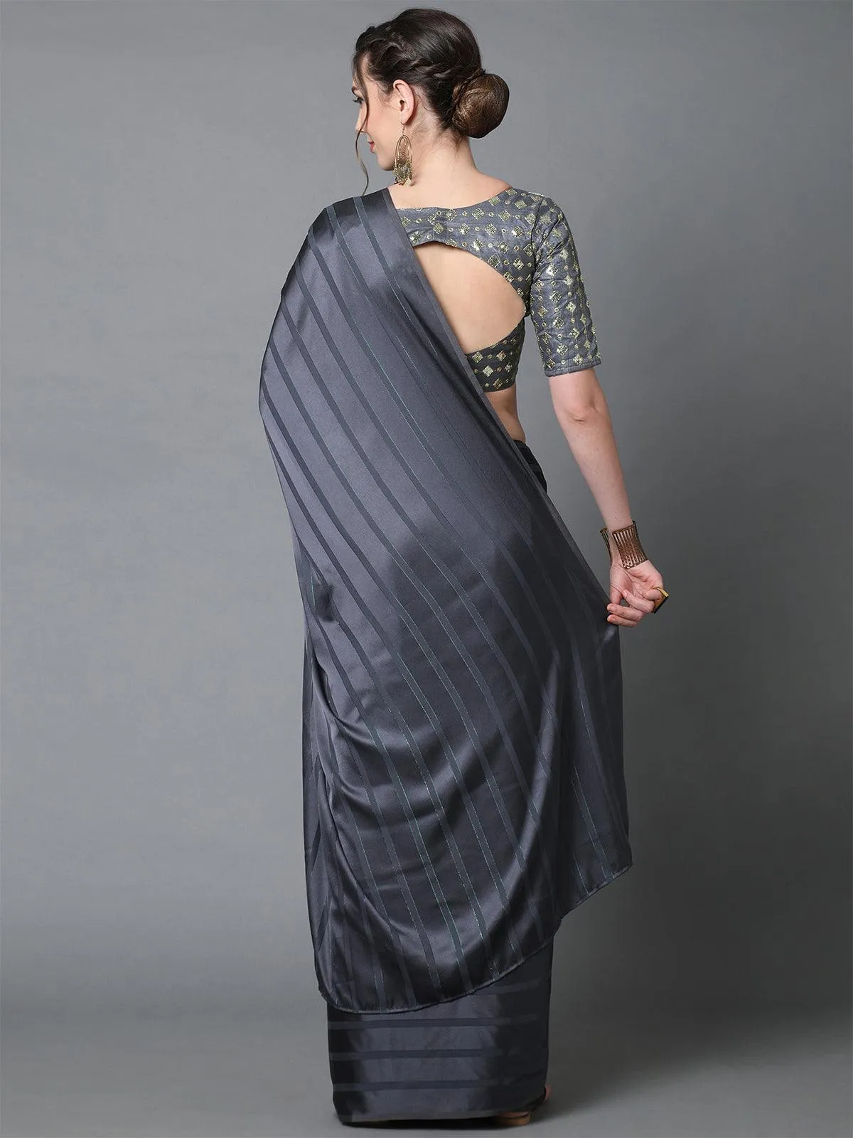 Odette Women Grey Casual Georgette And Satin Solid Saree With Unstitched Blouse