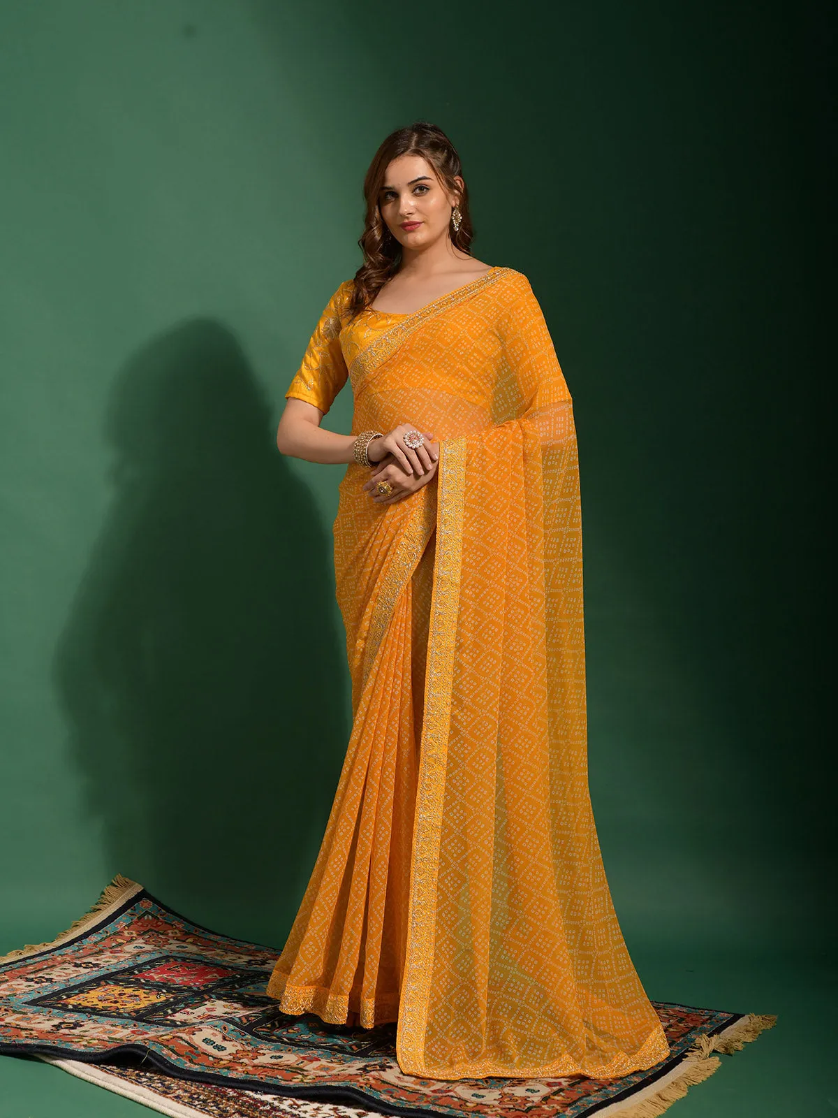 Odette Women Mustard Chiffon Designer Saree With Unstitched Blouse