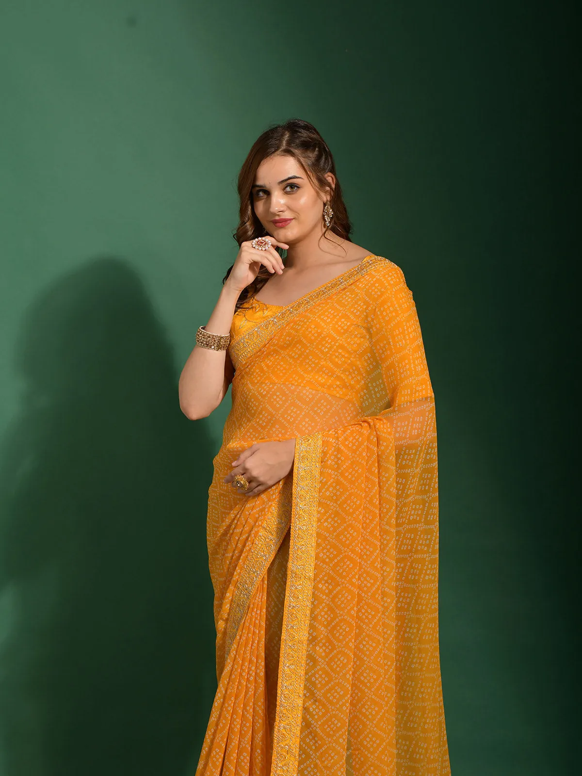 Odette Women Mustard Chiffon Designer Saree With Unstitched Blouse