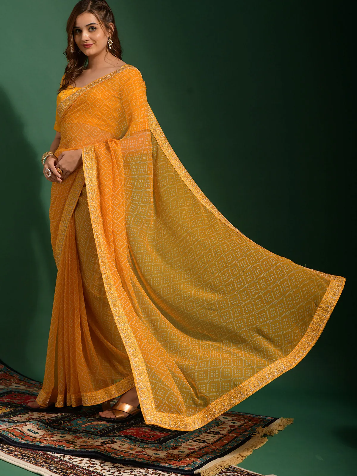 Odette Women Mustard Chiffon Designer Saree With Unstitched Blouse