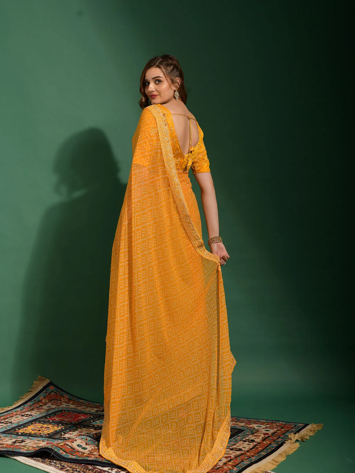 Odette Women Mustard Chiffon Designer Saree With Unstitched Blouse