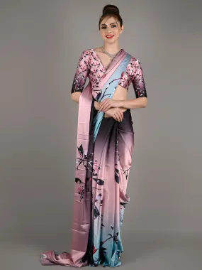 Odette Women Pink Satin Crepe Printed Saree With Unstitched Blouse