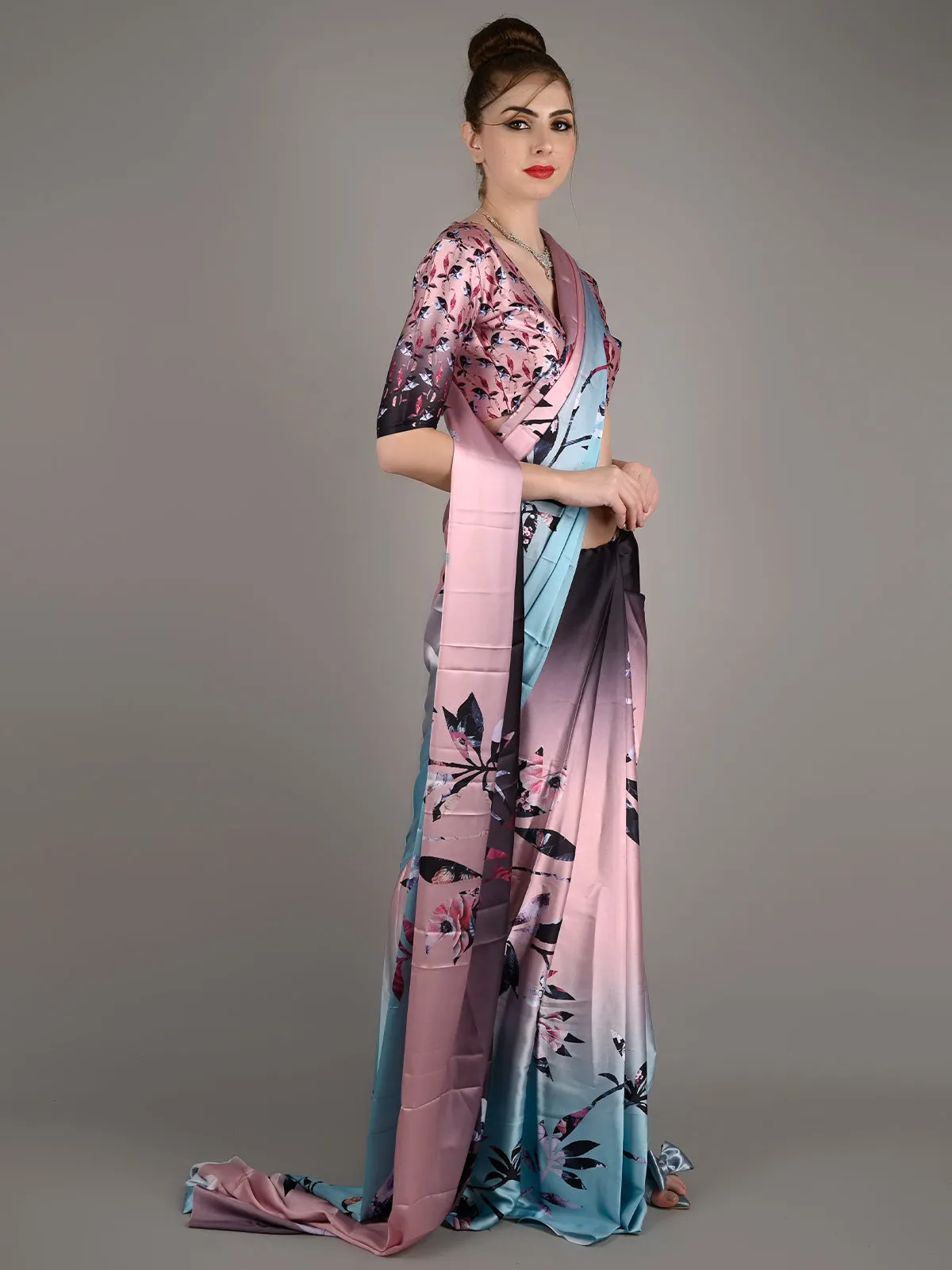 Odette Women Pink Satin Crepe Printed Saree With Unstitched Blouse