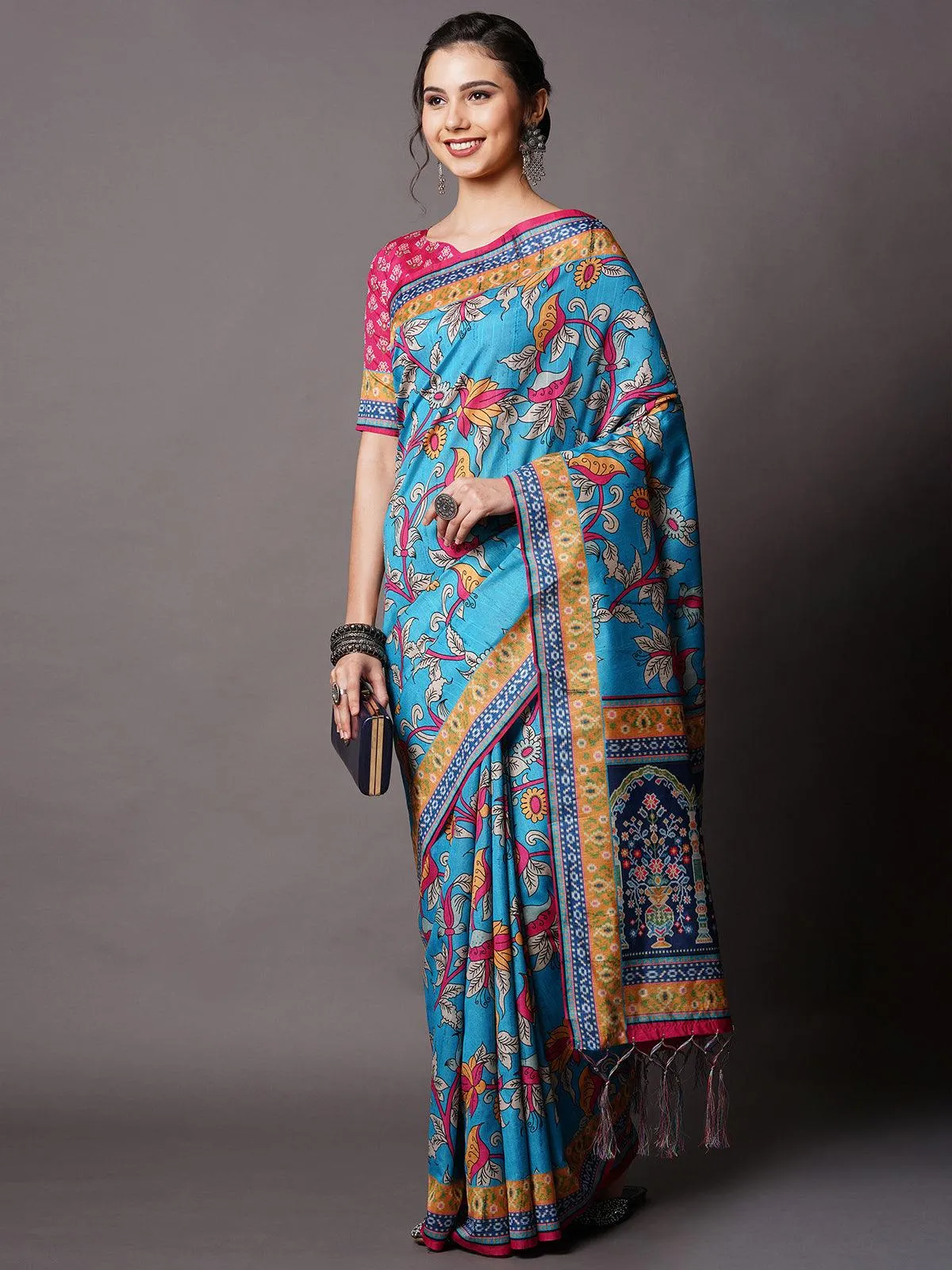 Odette Women Sky Blue Festive Bhagalpuri Silk Printed Saree With Unstitched Blouse