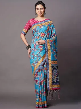 Odette Women Sky Blue Festive Bhagalpuri Silk Printed Saree With Unstitched Blouse