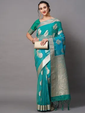 Odette Women Teal Blue Party Wear Organza Woven Design Saree With Unstitched Blouse