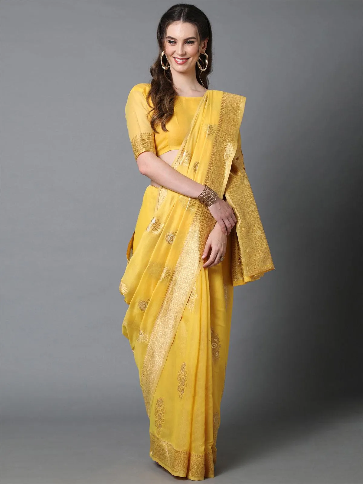 Odette Women Yellow Festive Silk Blend Woven Design Saree With Unstitched Blouse