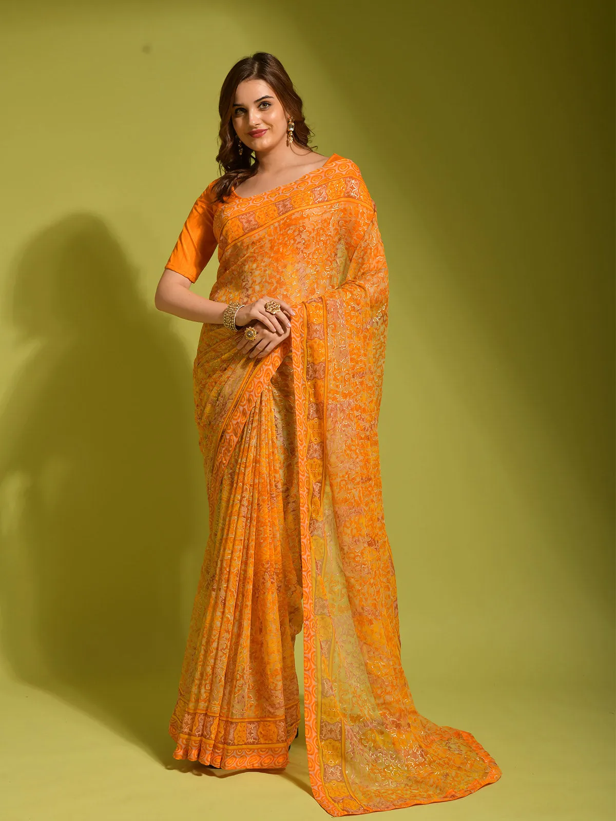 Odette Women Yellow Georgette Designer Saree With Unstitched Blouse