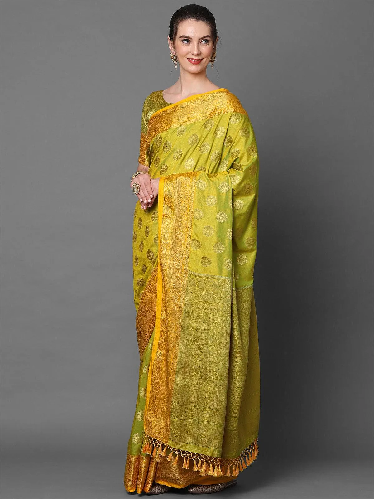 Odette Women Yellow Party Wear Silk Blend Woven Design Saree With Unstitched Blouse