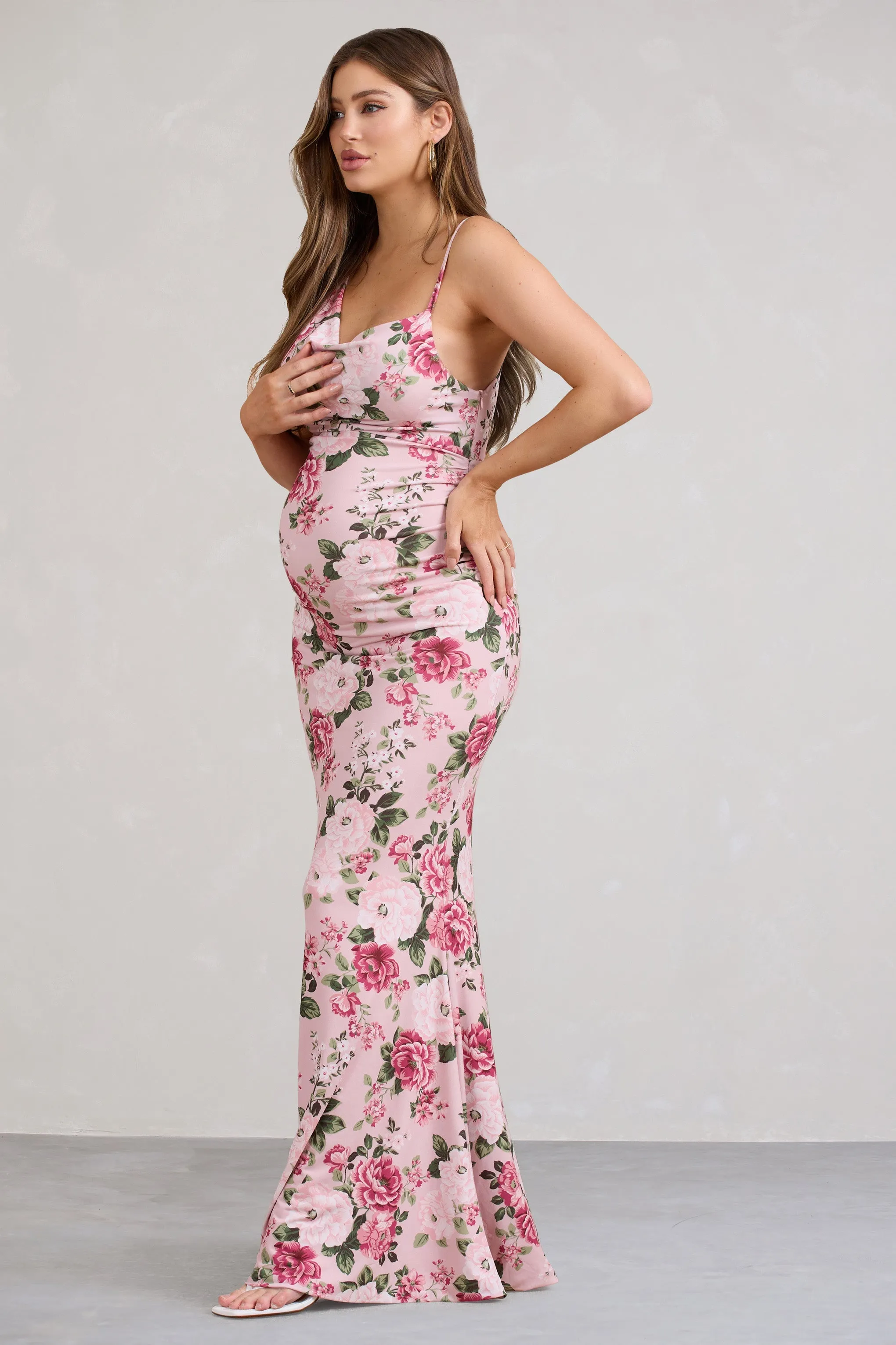 Phantasy | Pink Floral Maternity Cowl Neck Maxi Dress