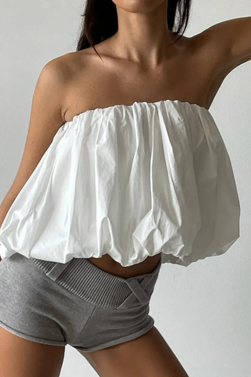 Plain Strapless Balloon Tube Crop Top