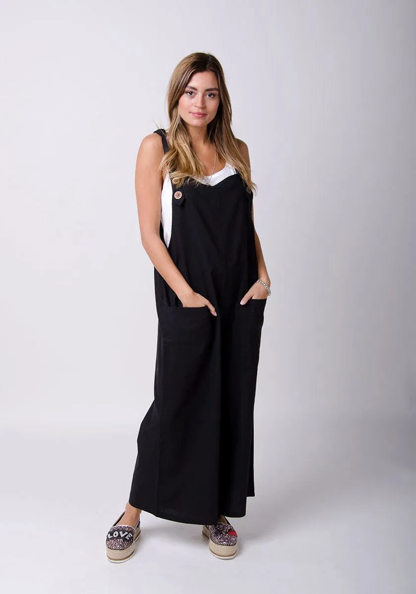 SAFFY Ladies Lightweight Loose Fit Linen Dungarees - Black