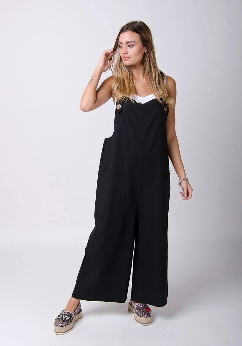 SAFFY Ladies Lightweight Loose Fit Linen Dungarees - Black