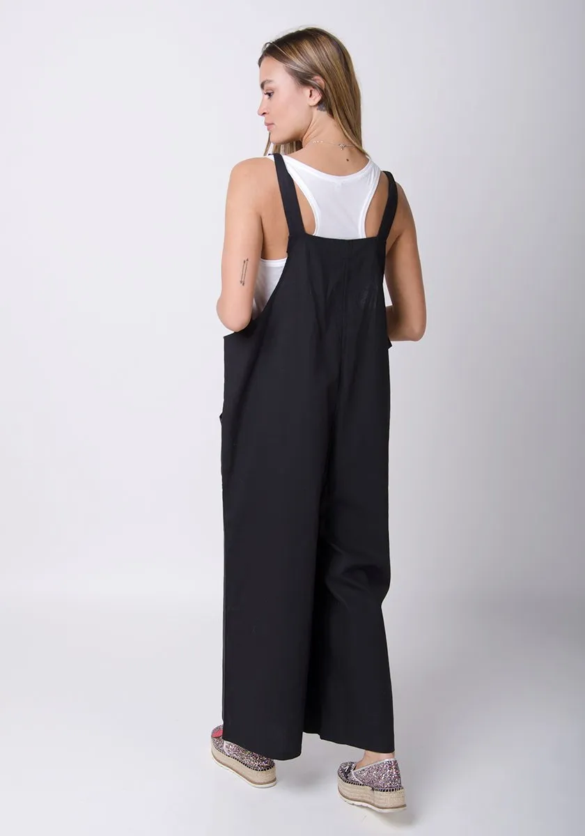 SAFFY Ladies Lightweight Loose Fit Linen Dungarees - Black