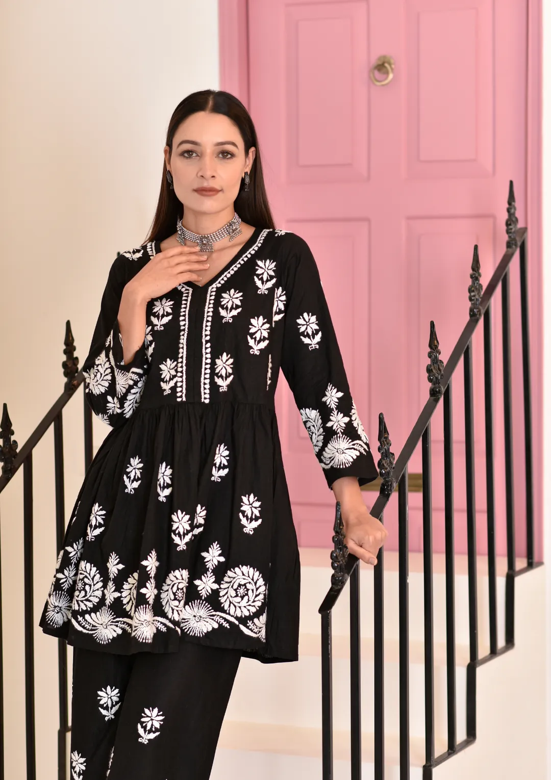 Surkh Flared Chikankari Co-ord Set