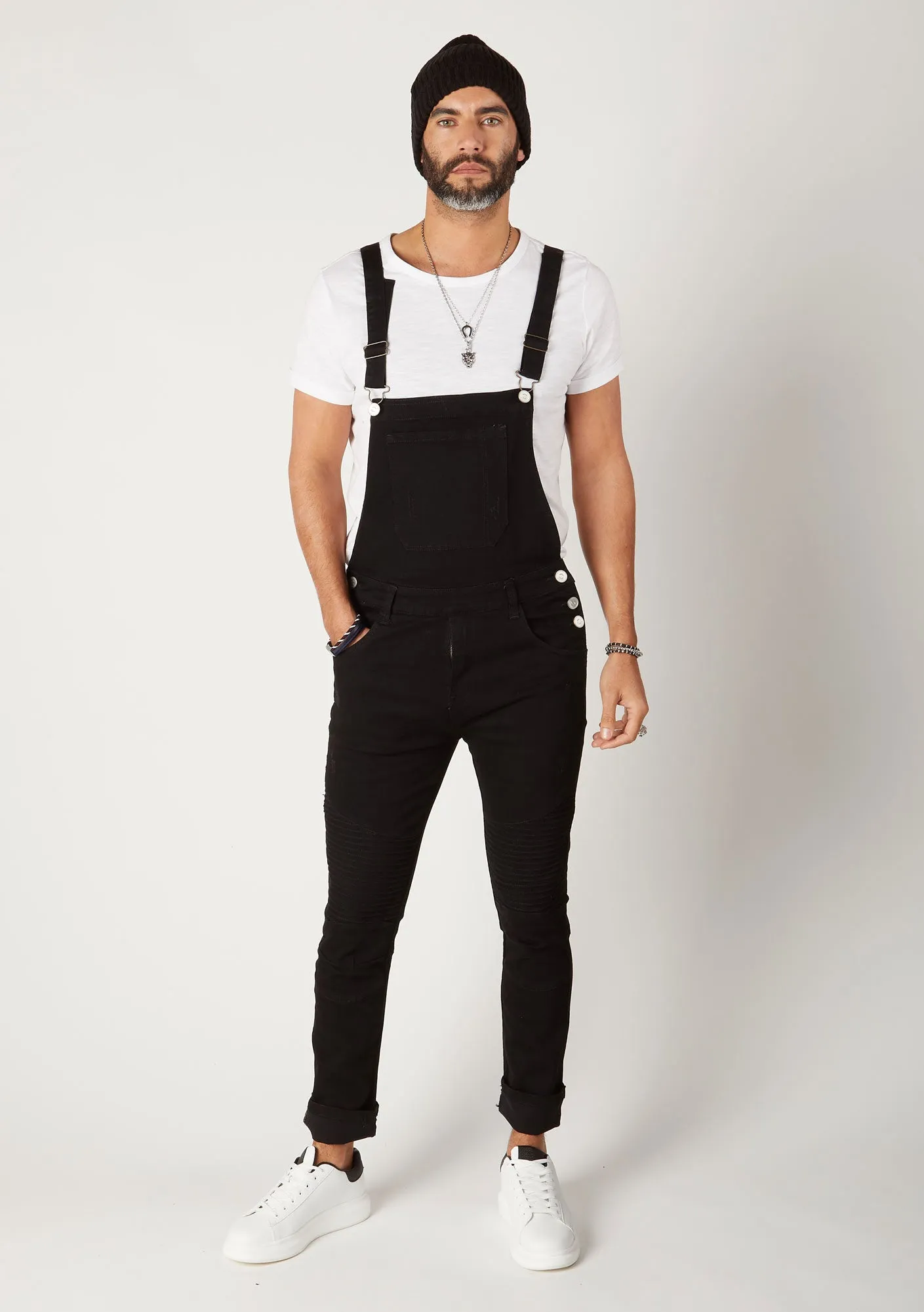 TRAFFORD Mens Super Skinny Biker Dungarees - Black