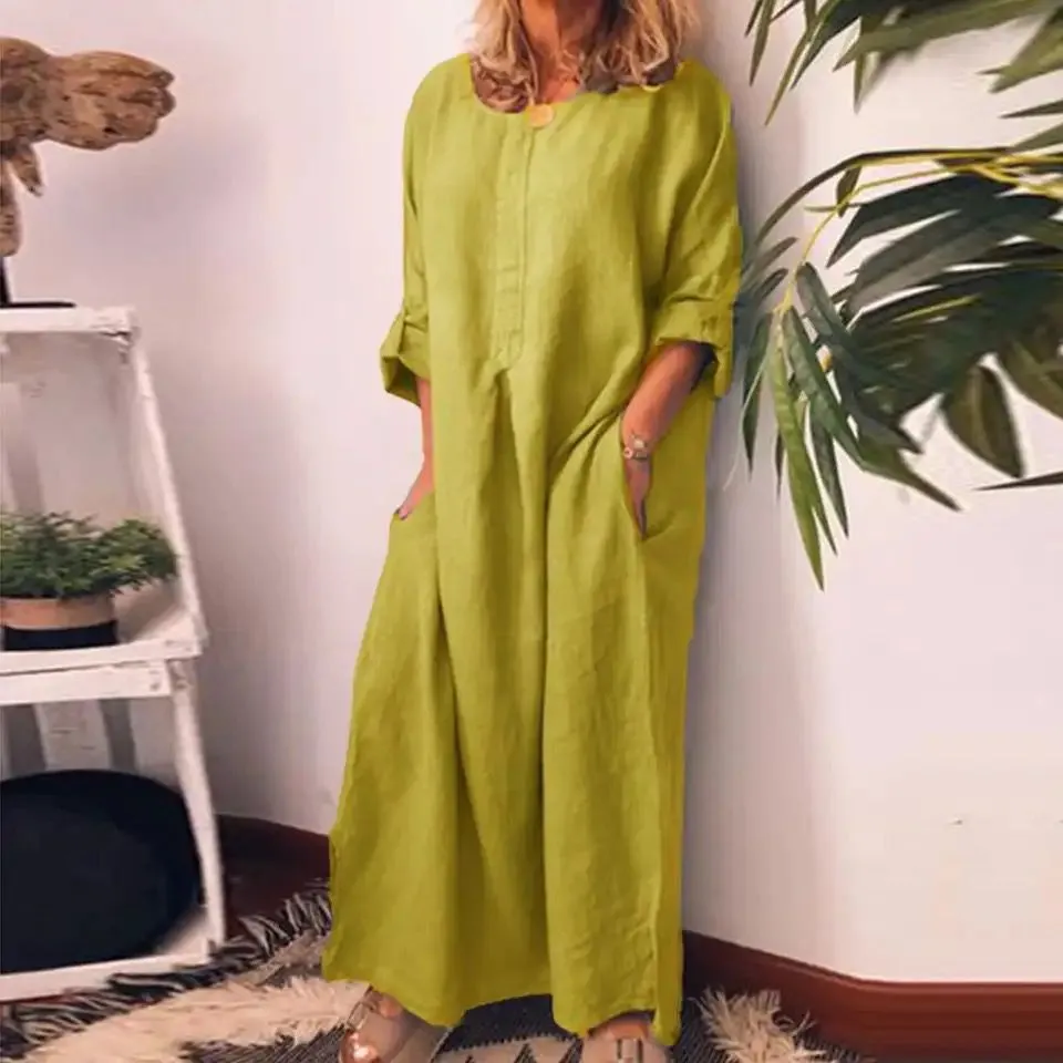 Women Casual Cotton Linen Long Dress 3XL B-97504