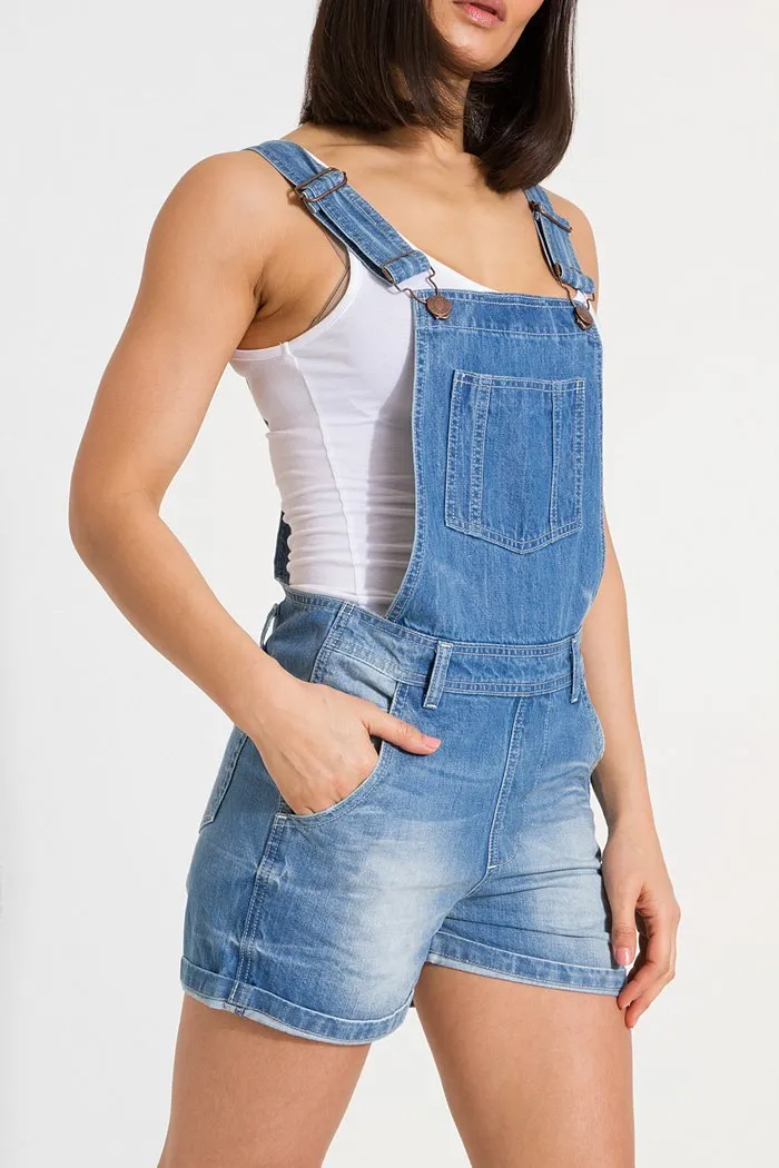 XENYA Womens Oversized Denim Dungaree Shorts - UK14